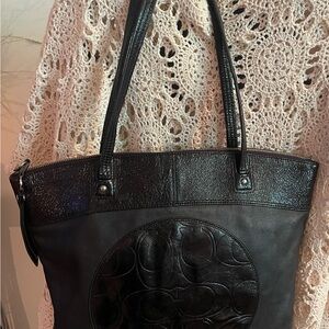 Coach Vintage Laura Black Leather with Patent Circular C Signature Tote Bag
